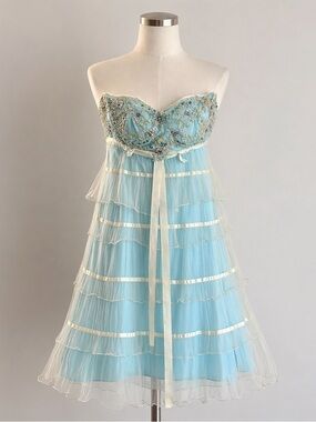 Alyce Paris Light Blue Tiered Tulle Ruffle Prom Dress Sz 2 Regencycore Fairycore